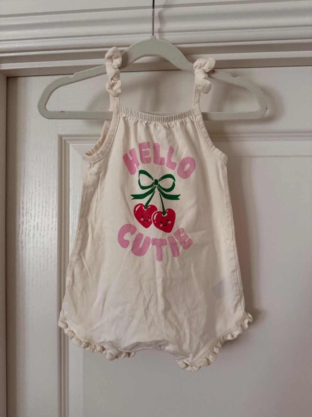 Old Navy Cream Romper with Pink Text & Red Cherry Graphic